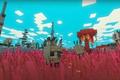 Golems patrolling a grassy red field in Minecraft Legends.