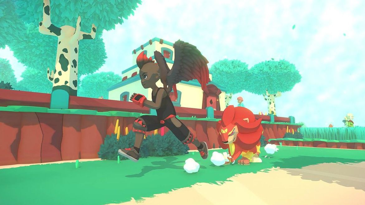 A Temtem character running with their Temtem.