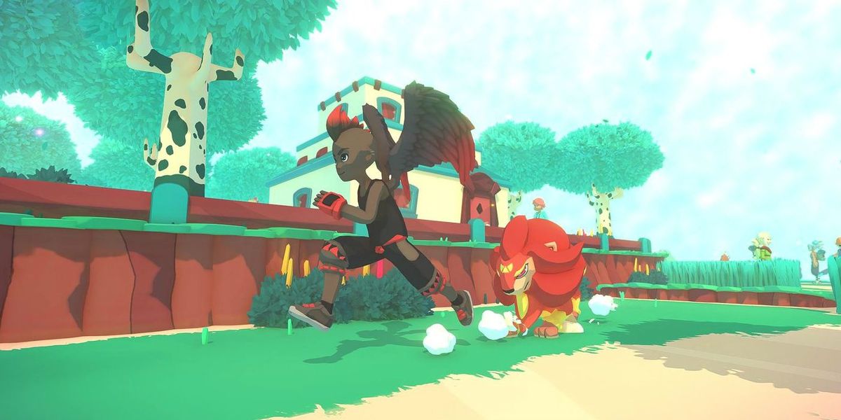 A Temtem character running with their Temtem.