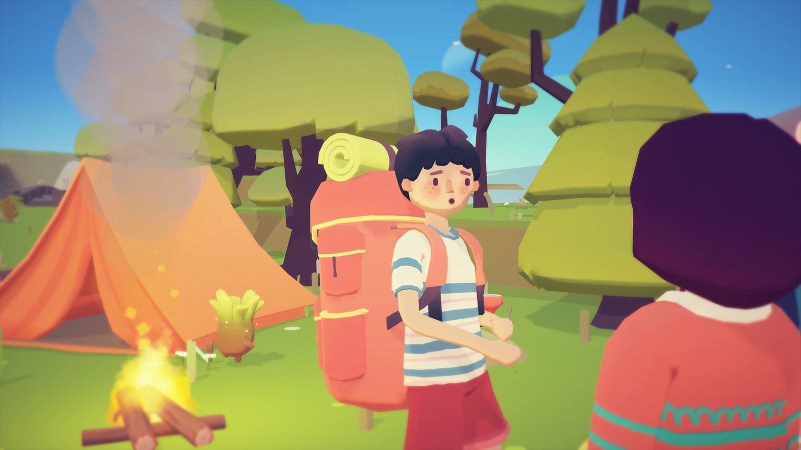 In-game image from Ooblets of a character in a white and blue striped shirt wearing a pink backpack conversing with another character in front of a tent and a fire.