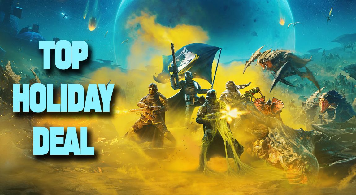 HELLDIVERS 2 cover art featuring soliders fighting off aliens while surrounded by yellow smoke. On the other side, "TOP HOLIDAY DEAL" branding in light blue.