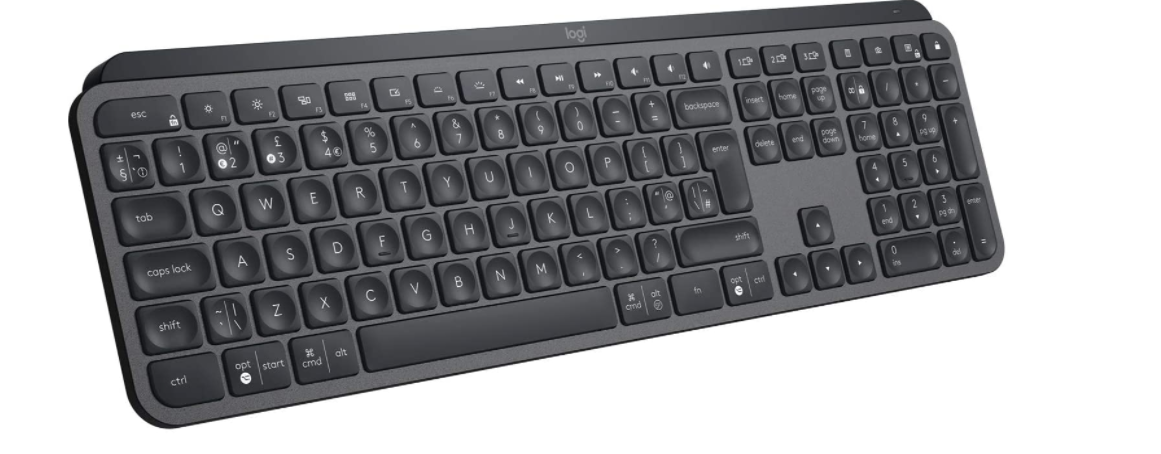 Logitech MX Keys product image of a black and grey wireless keyboard.