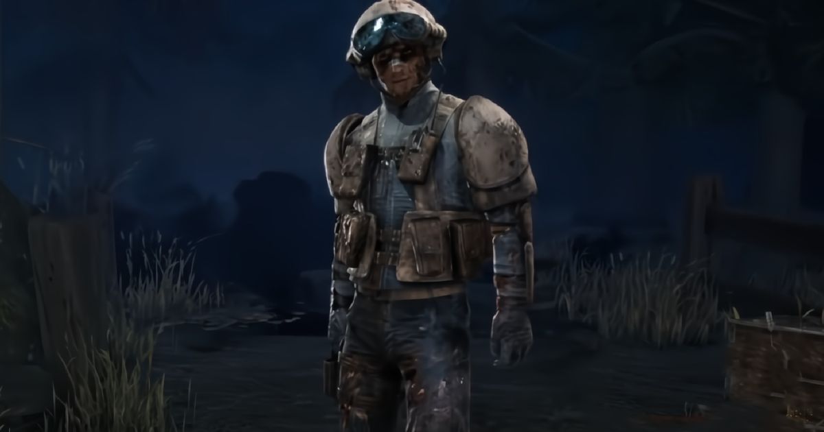 Dead By Daylight - skin of operator Blitz from Rainbow Six Siege, stood in a dark forest.