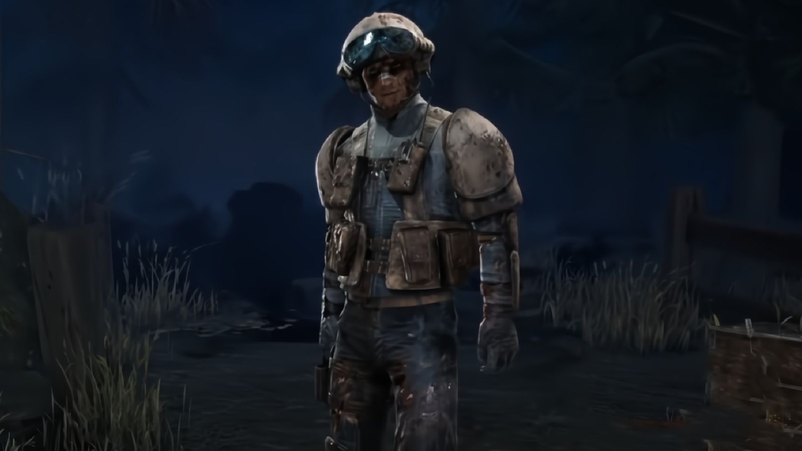 Dead By Daylight - skin of operator Blitz from Rainbow Six Siege, stood in a dark forest.