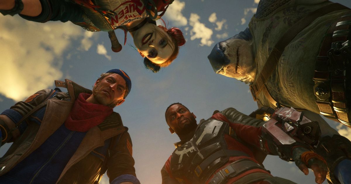 Harley Quinn, Deadshot, Captain Boomerang and King Shark looking down looking menacing with the sky in the background.
