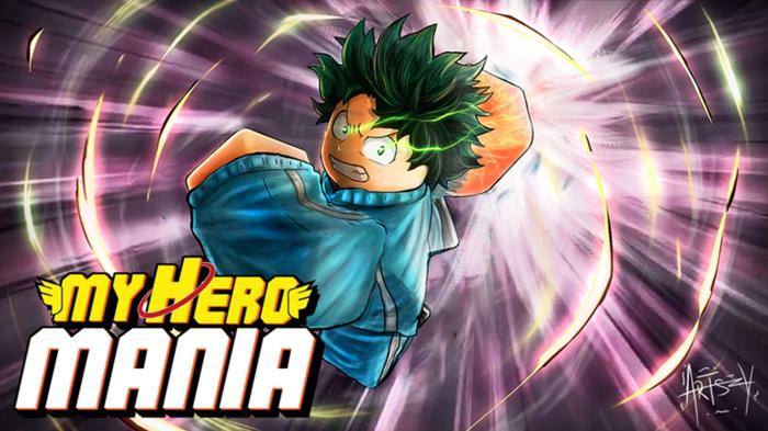 Promotional image from My Hero Mania showing a Roblox anime character powering up a punch