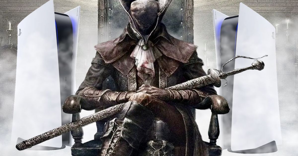 Bloodborne Hunter sitting on a chair with two PS5 consoles behind him 
