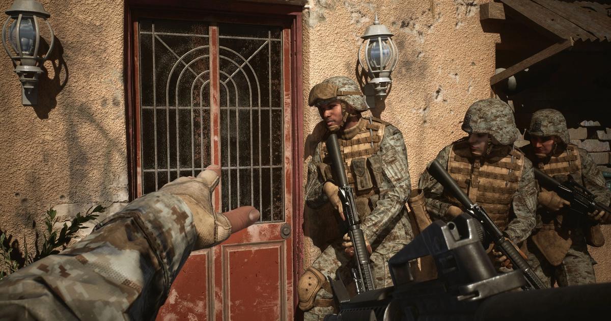 A group of military soldiers, including two near a house, discussing the crossplay feature in the game "Six Days In Fallujah."