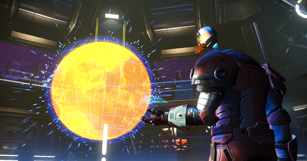 An alien in red armour standing next to a yellow hologram of an unknown planet in No Man's Sky.