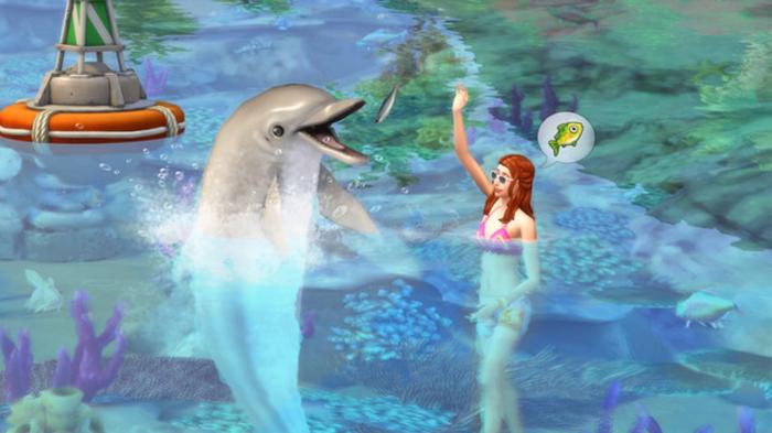 Sims 4 Island Living. A Sim playing with a Dolphin in the Ocean.