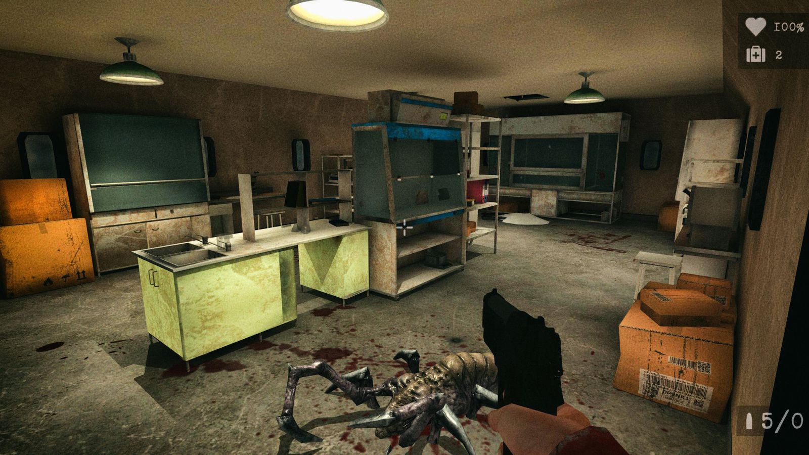 Screenshot from Antarctica, showing the first-person protagonist killing a spider-type creature in a bunker