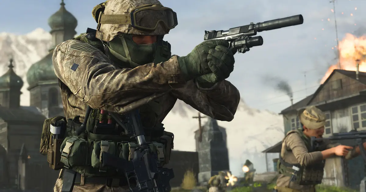 Screenshot of Modern Warfare 3 player aiming down sights of pistol with soldier in background