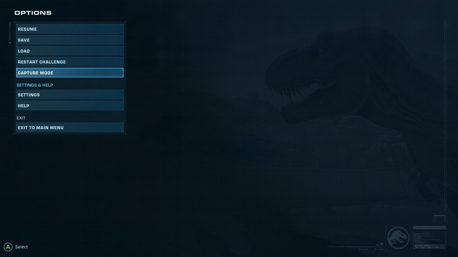 Jurassic World Evolution 2 Pause Menu. The option to enter capture mode has been highlighted.