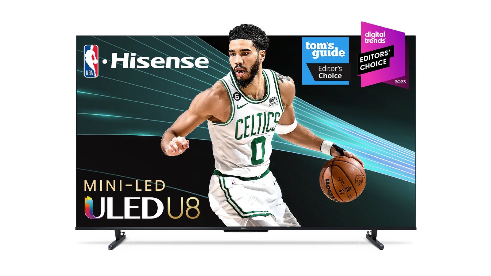 Hisense U8 product image of a black TV featuring an image of Jayson Tatum in a white Celtics jersey on the display.