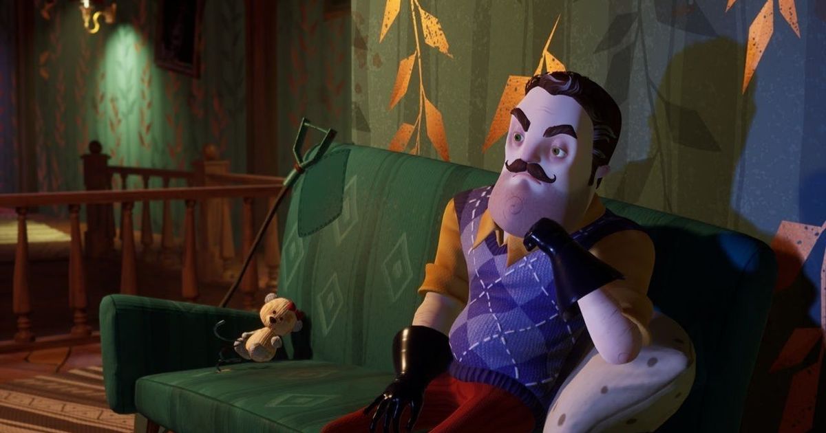 The character is sitting on the sofa in Hello Neighbor 2. 