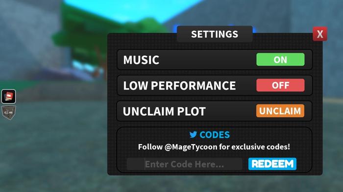 A screenshot of the redemption window in Mage Tycoon in Roblox. 