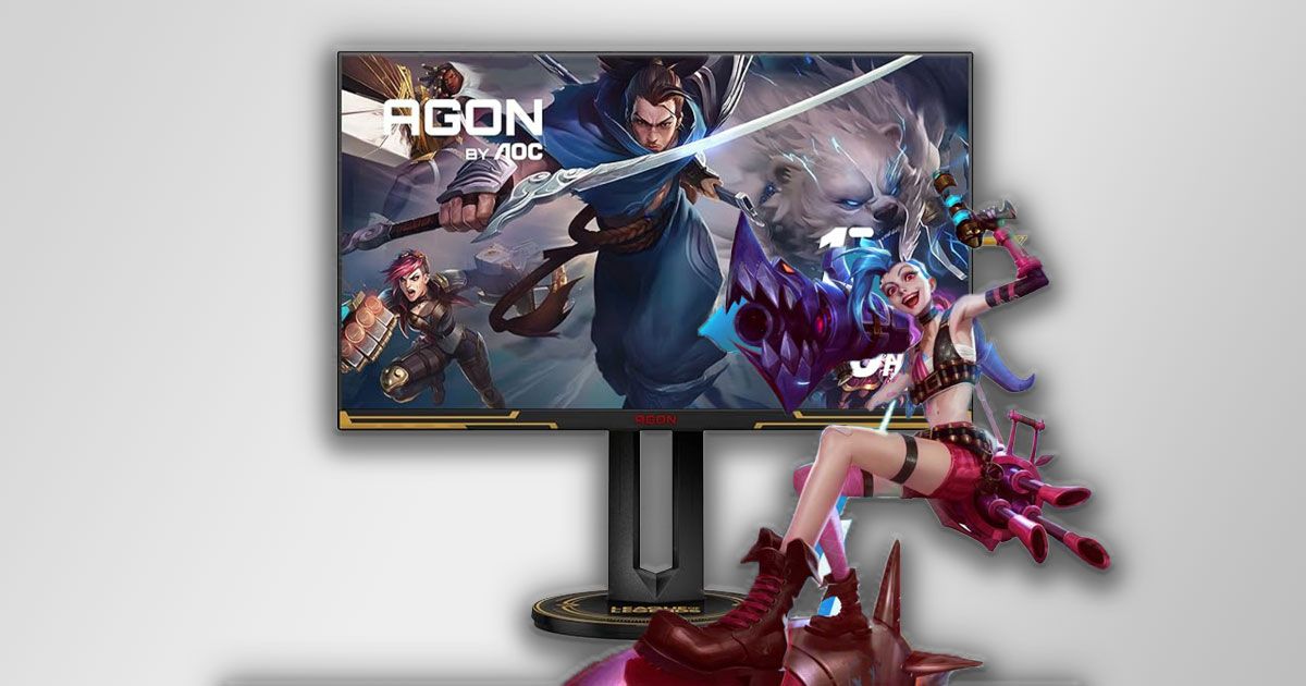 A League of Legends character riding a red missile in front of a black monitor with gold trim and League of Legends characters on the display.