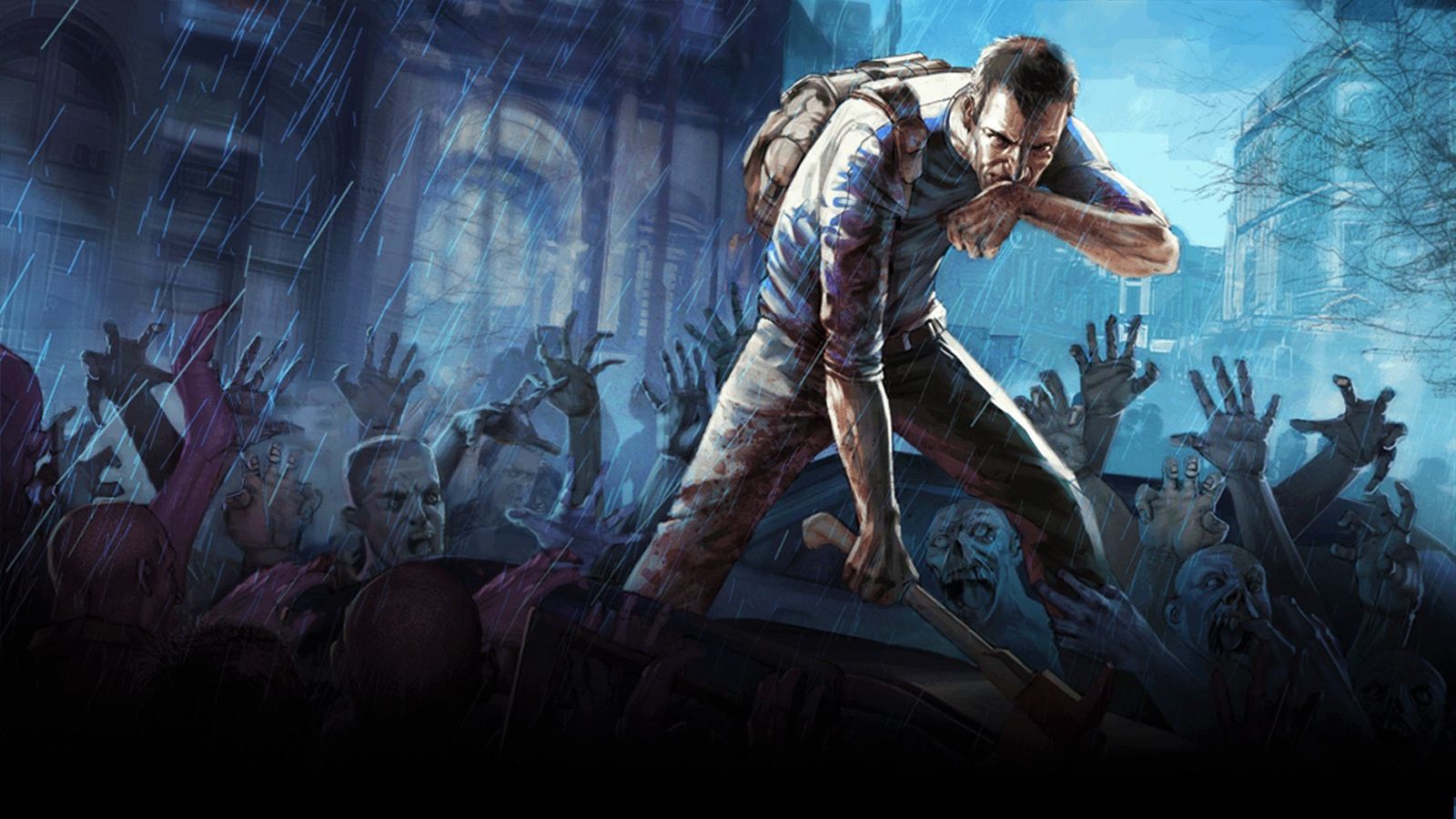 A man is standing  on top a car, surrounded by zombies in Project Zomboid.