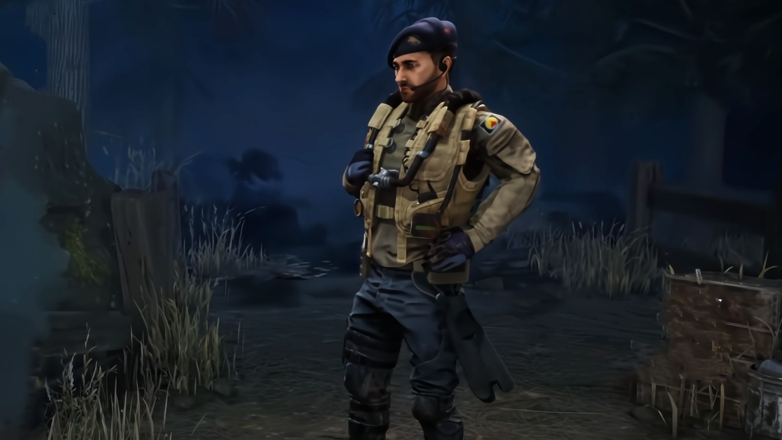 Dead By Daylight - skin of the operator Tubarao from Rainbow Six Siege, stood in a dark forest.
