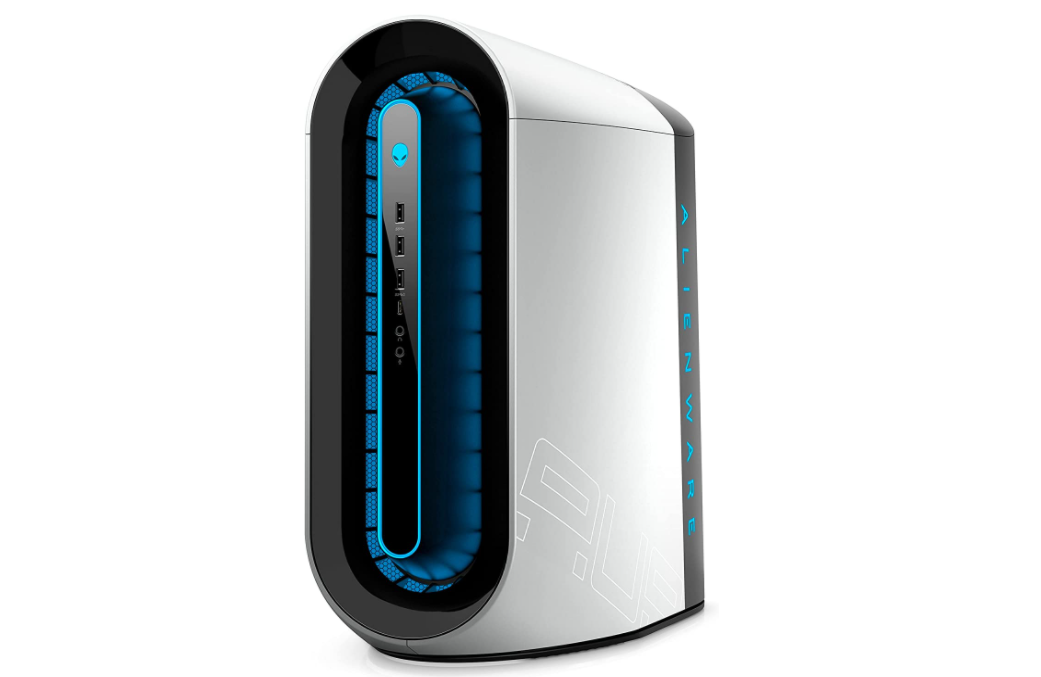 Alienware Aurora R12 product image of white gaming PC with blue lighting at the front.