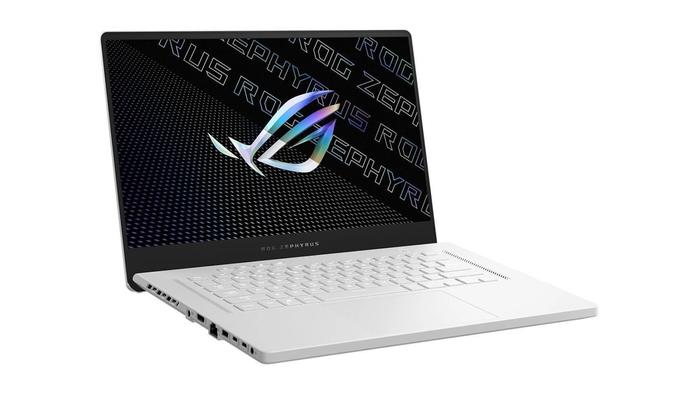 Best Resident Evil 4 gaming laptop - ASUS ROG Zephyrus G15 product image of a white and black laptop featuring a silver iridescent ASUS ROG logo on the display.