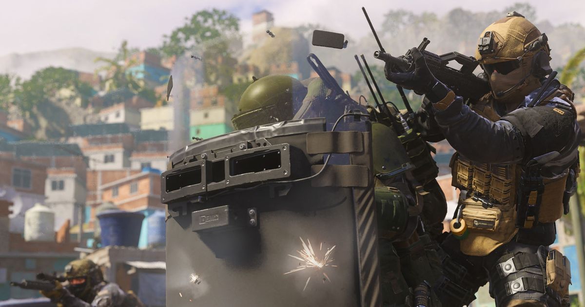 Modern Warfare 3 player firing rifle behind player using riot shield