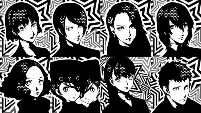 Image of eight black-and-white characters in Persona 5 Royal.