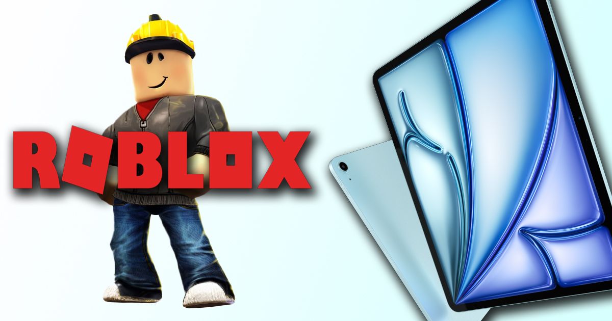 Roblox logo in red with a character in a yellow hat behind it next to a blue and black iPad Air at an angle.