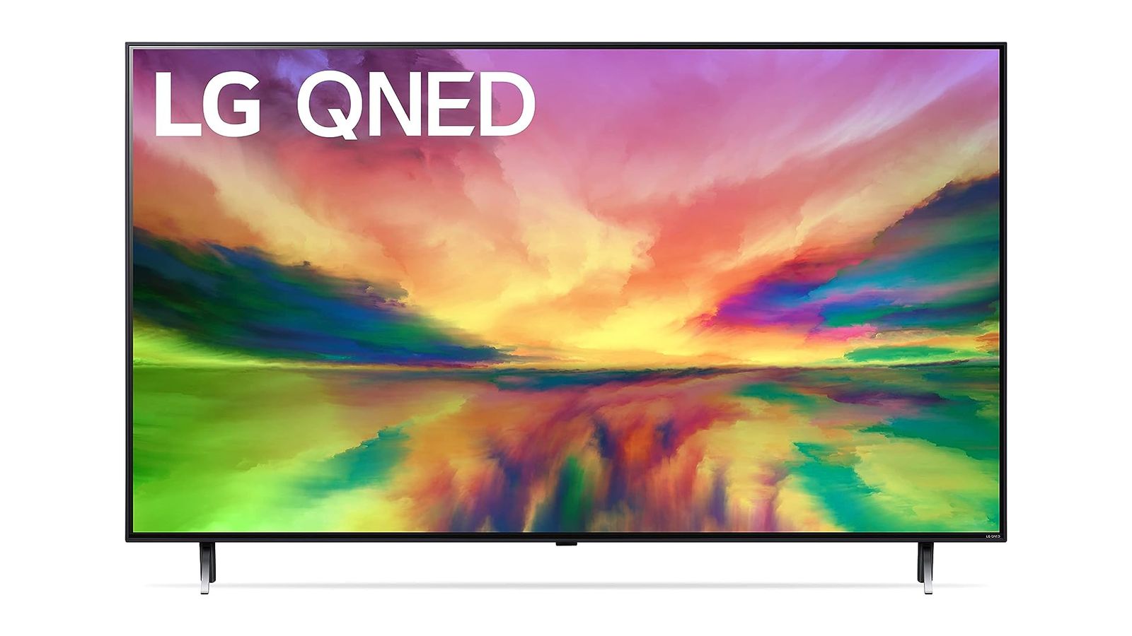 LG QNED80 product image of a near-frameless black TV featuring a painted sunset scene over a lake on the display.