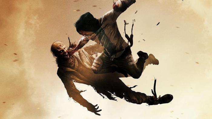 A promotional image for Dying Light 2, showing a character falling through the air while grappling with a zombie. 