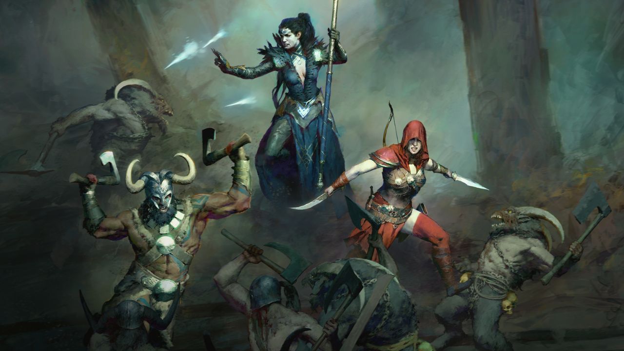 Multiple characters wielding weapons in Diablo 4.