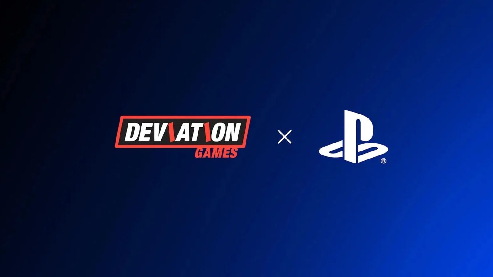 deviation games logo x playstation logo on blue gradient background to show new studio from employees