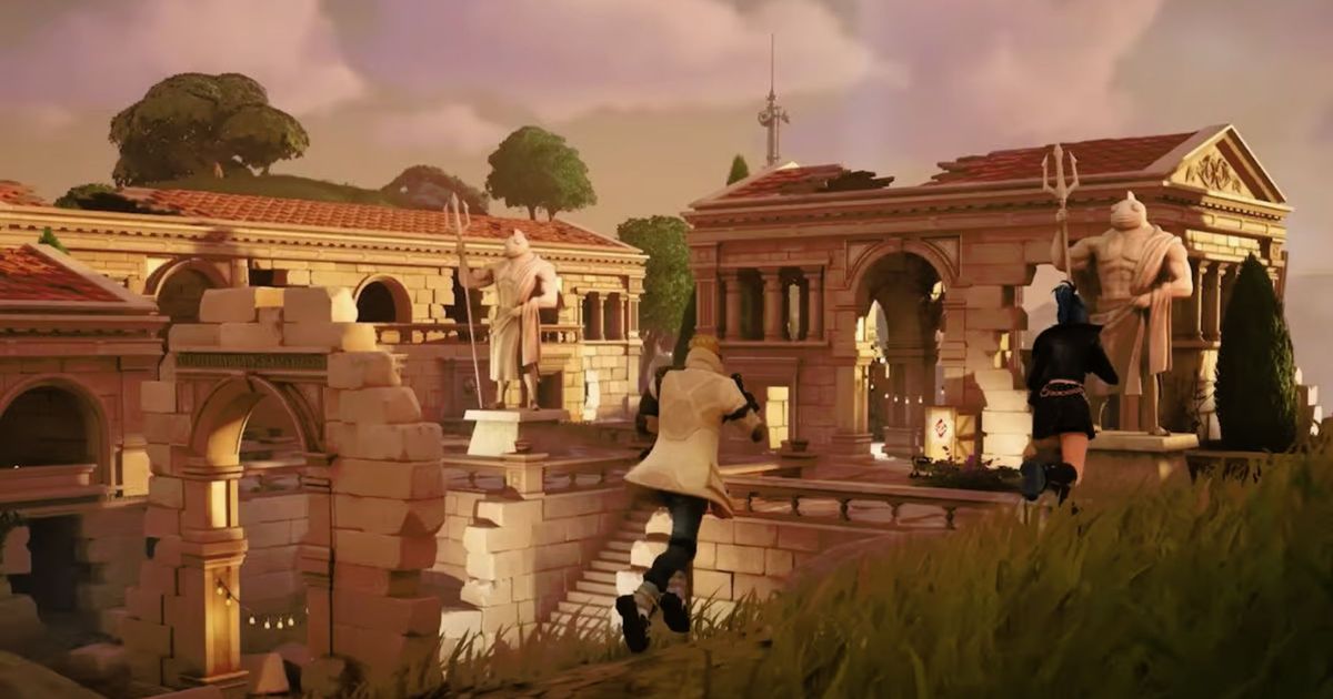 A Fortnite character walking around the ruins in Chapter 5 Season 1 