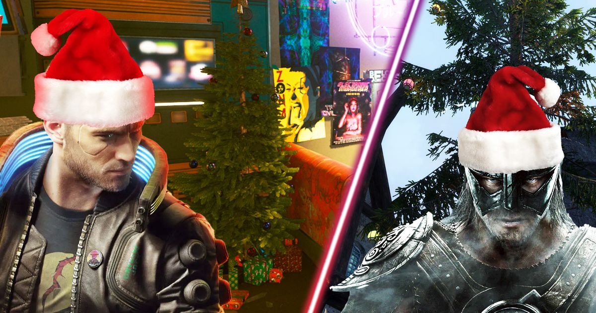 Skyrim's Dragonborn and Cyberpunk 2077's V in Christmas hats.