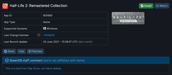 Steam Database page for Half-Life 2: Remastered Collection.