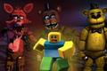 Roblox character runs from FNAF characters Foxy, Freddy, and Golden Freddy
