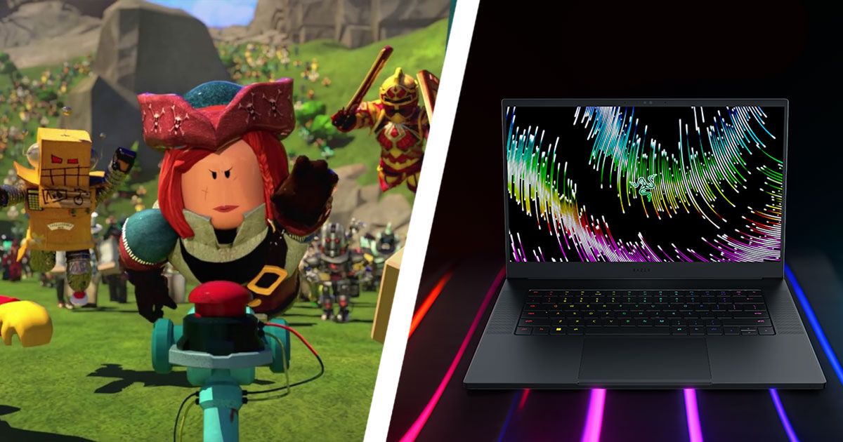 A Roblox character with red hair and a pink and blue hat diving for a red button on one side of a white diagonal line. On the other, a black laptop with multicoloured backlit keys to match the pattern on the display.