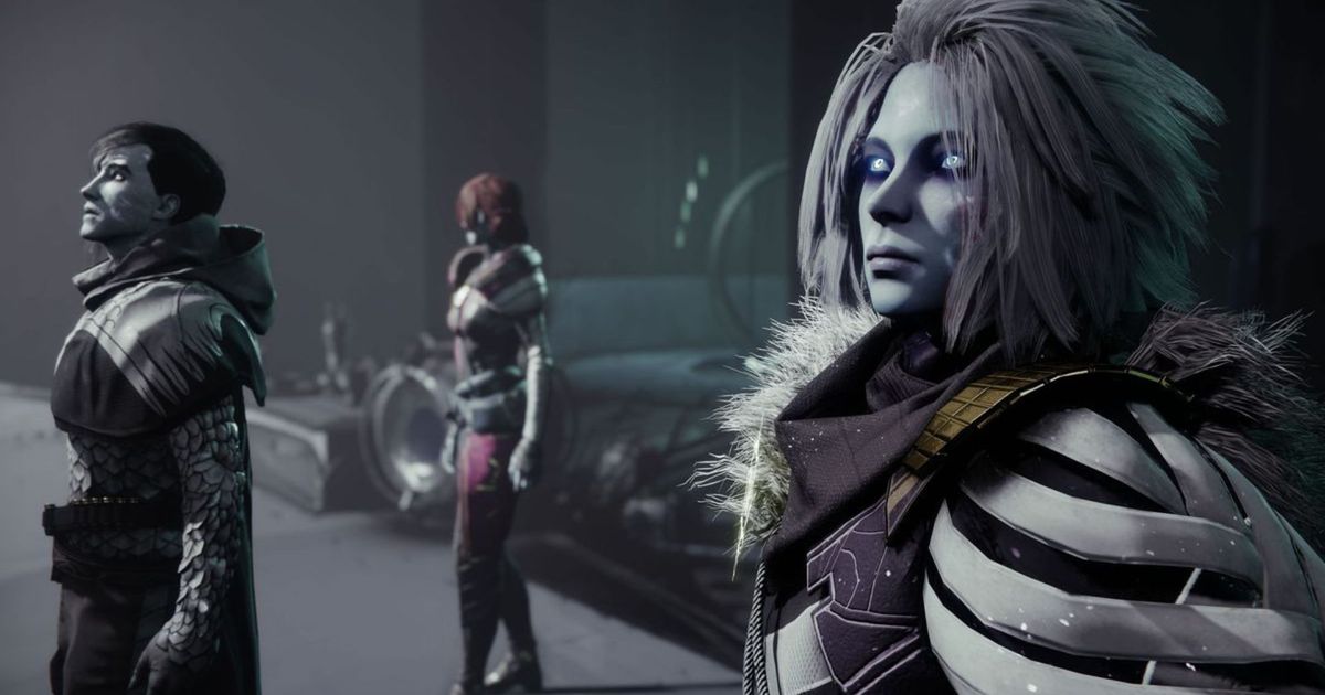 Destiny 2 characters Mara Sov, The Crow, and an Awoken staring at something off camera