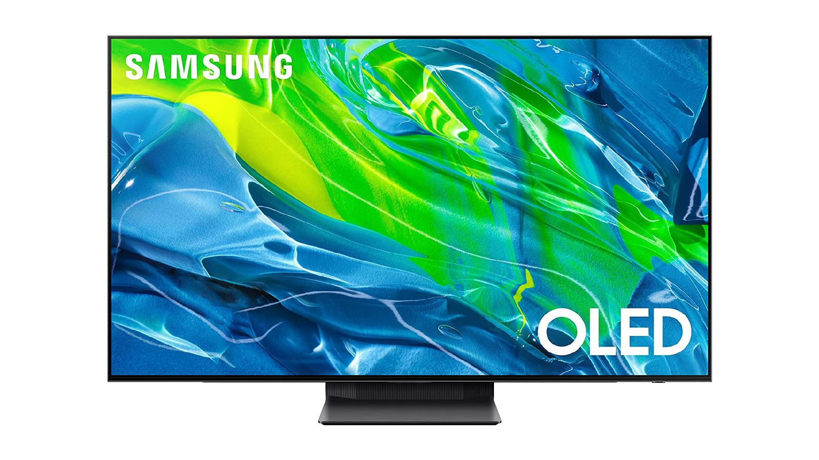 Best TV - Samsung S95B dark grey-framed TV with a green and blue pattern on the display.