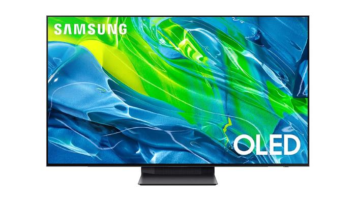 Best OLED TV - Samsung S95B dark grey-framed TV with a green and blue pattern on the display.