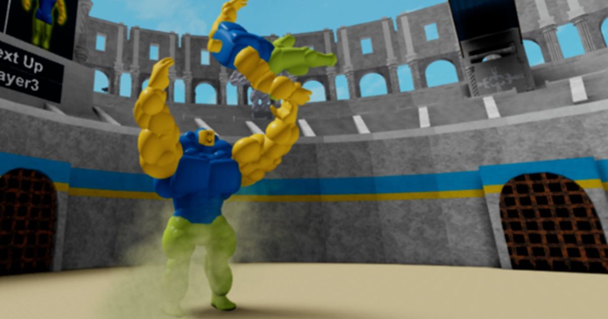 Screenshot from Mega Noob Simulator, with a big Roblox figure throwing a small Roblox figure
