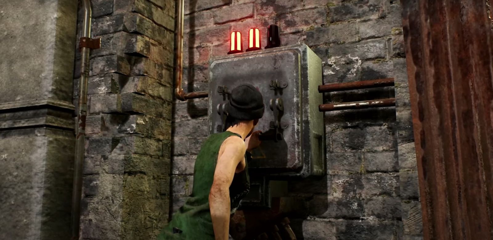 Dead by Daylight's Nea Karlsson powering an exit gate.