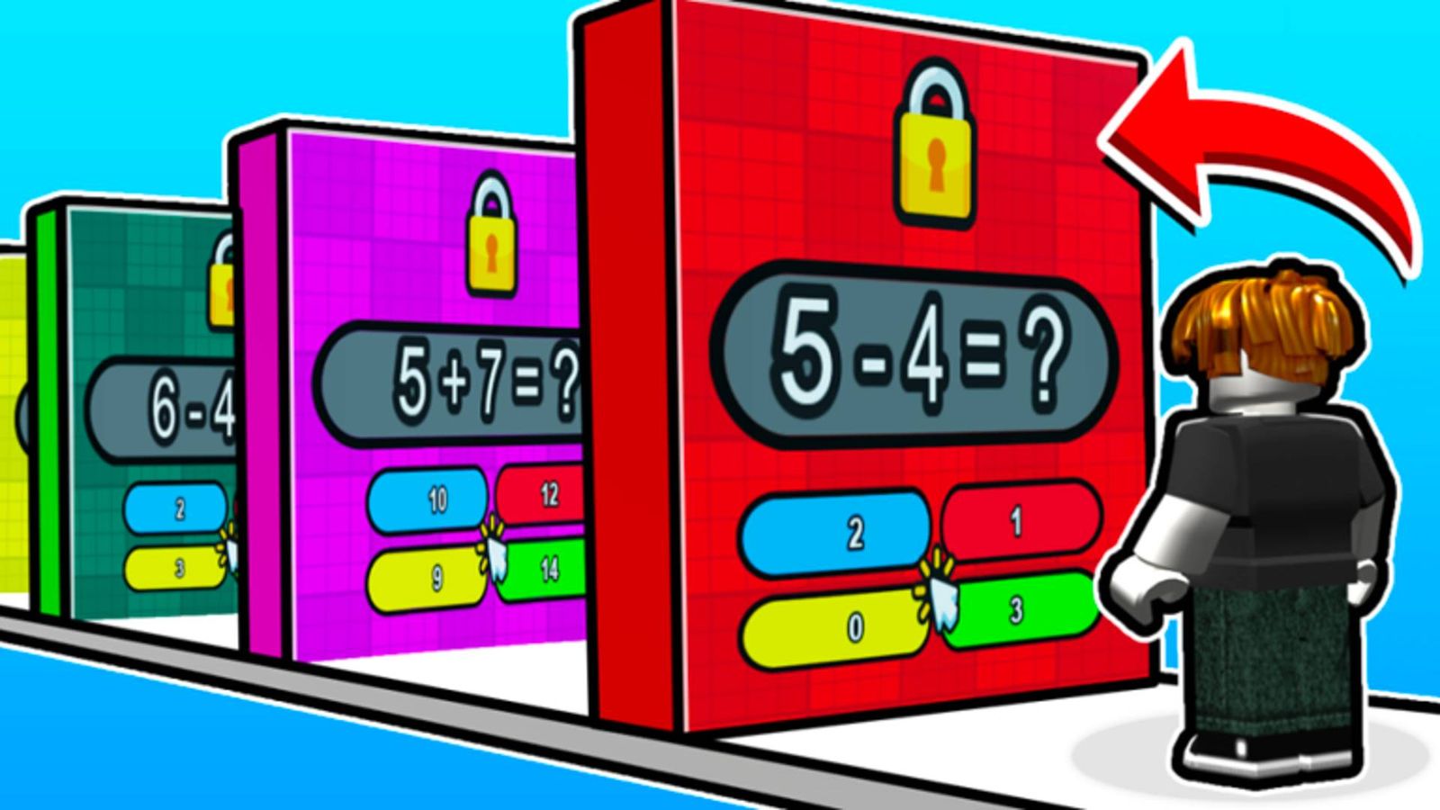 A Roblox character solving maths problems in Math Wall Simulator.
