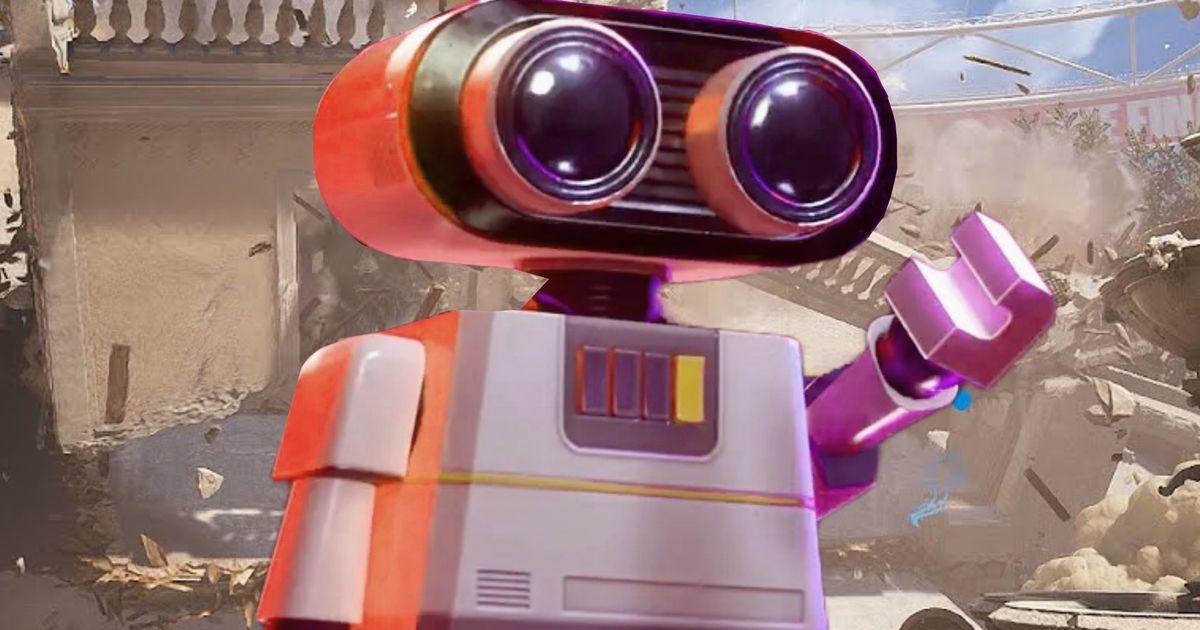 The Finals robot pet from Season 2 standing in front of a destroyed building