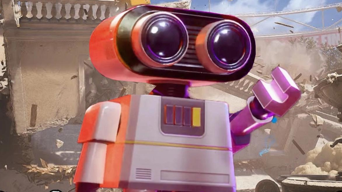 The Finals robot pet from Season 2 standing in front of a destroyed building