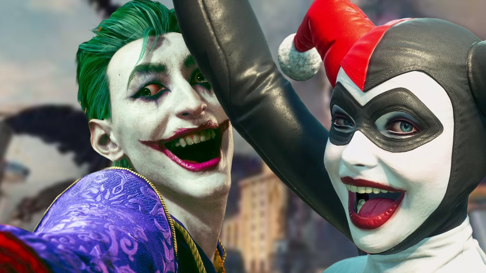 the joker and harley quinn are taking a selfie together .