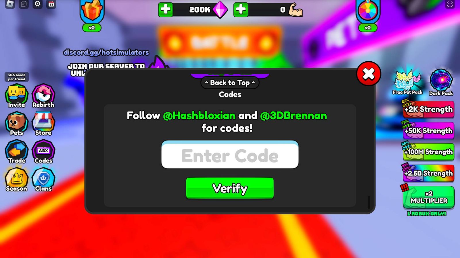 The code redemption screen in Power Punch Simulator.