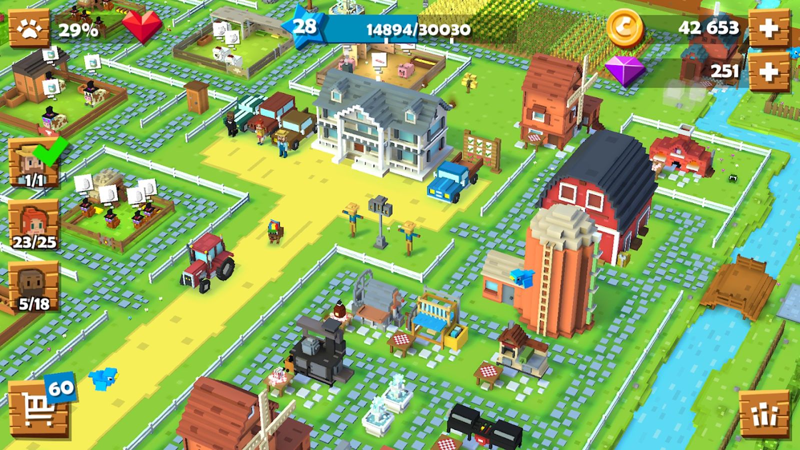 Screenshot from Bricky Farm, showing the pixellated farm landscape with animals and crops.