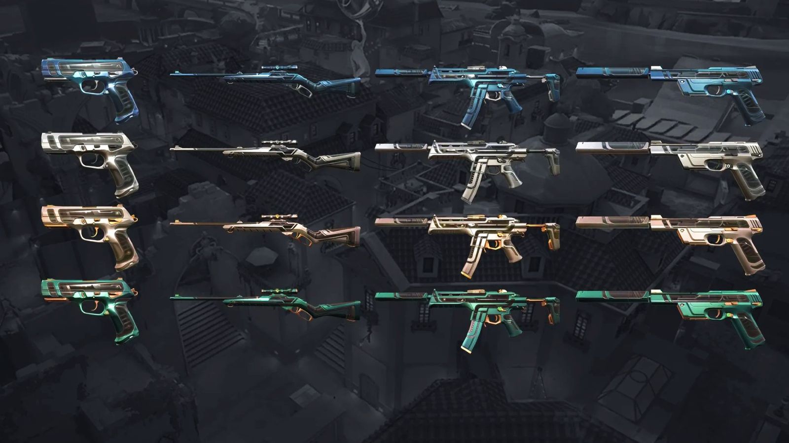 Valorant - selection of colourful guns in a 4x4 grid, ordered into the following columns: pistol, sniper rifle, submachine gun, suppressed pistol.