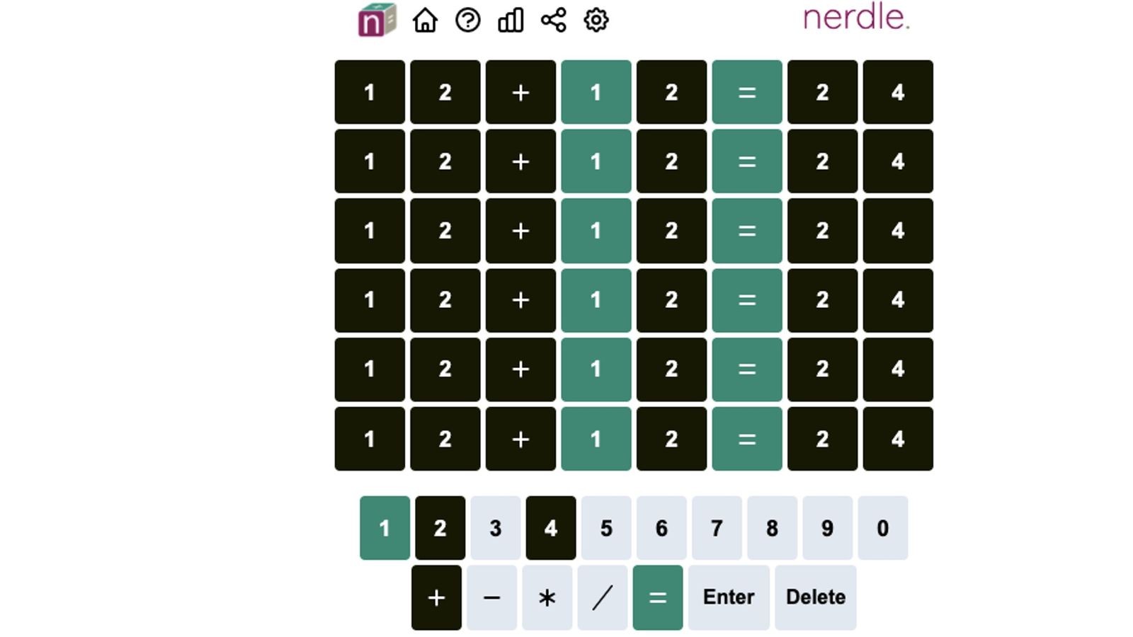 Image of a failed attempt on the Nerdle guessing grid